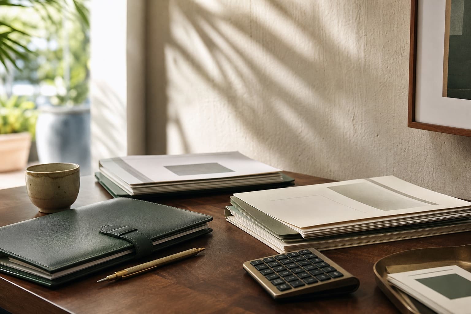 Organized financial folders, calculator, and folio on a sunlit office desk