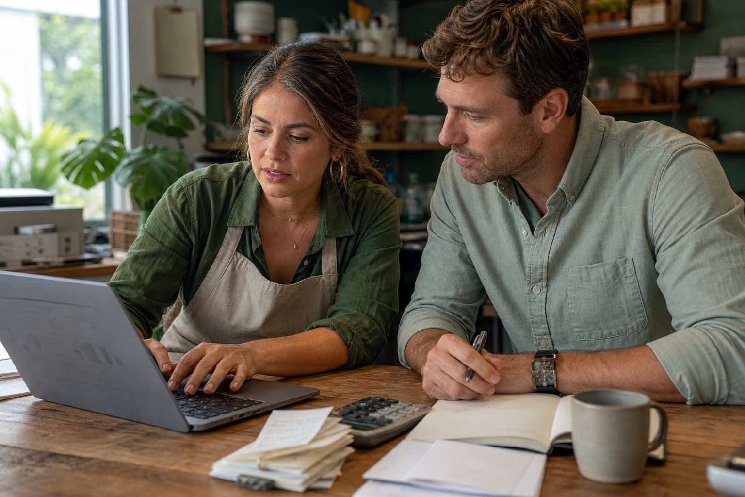 Small-business owner and financial advisor reviewing records together